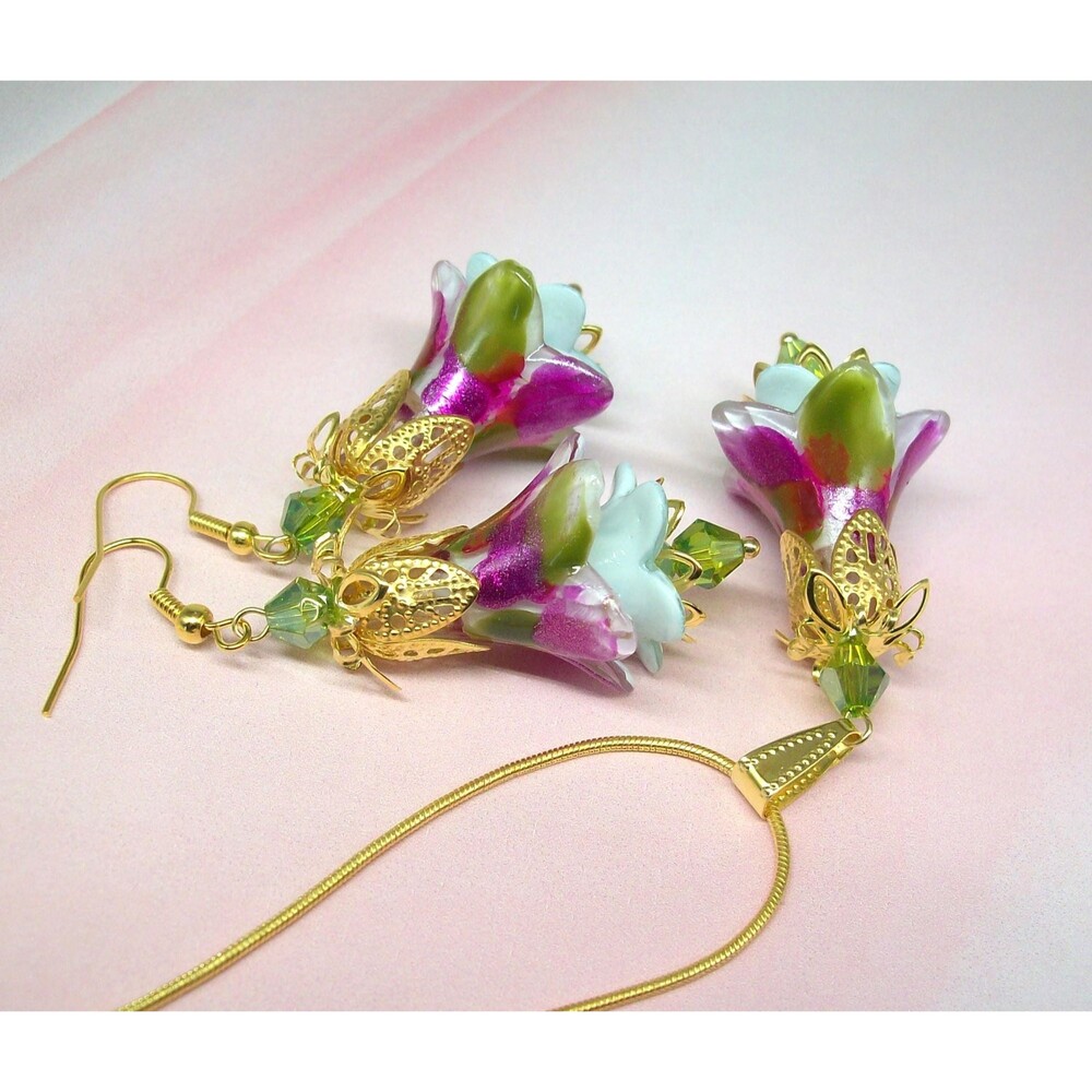 Boho Floral Jewelry Set Gold, Hand Painted, Artisan Crafted Flower Jewelry